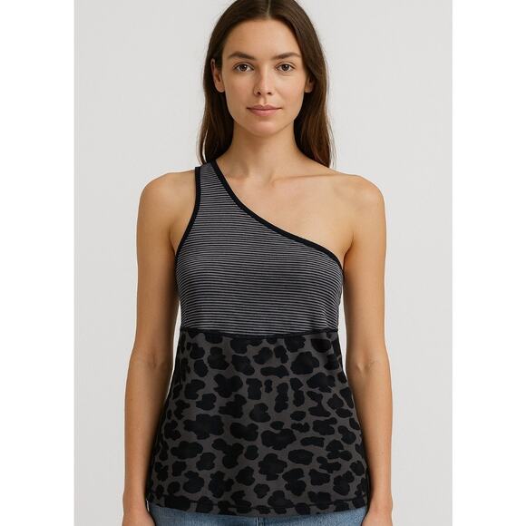 Lululemon Athletica Women's One Shoulder Black & Gray Striped & Leopard Top 4 - Picture 1 of 8